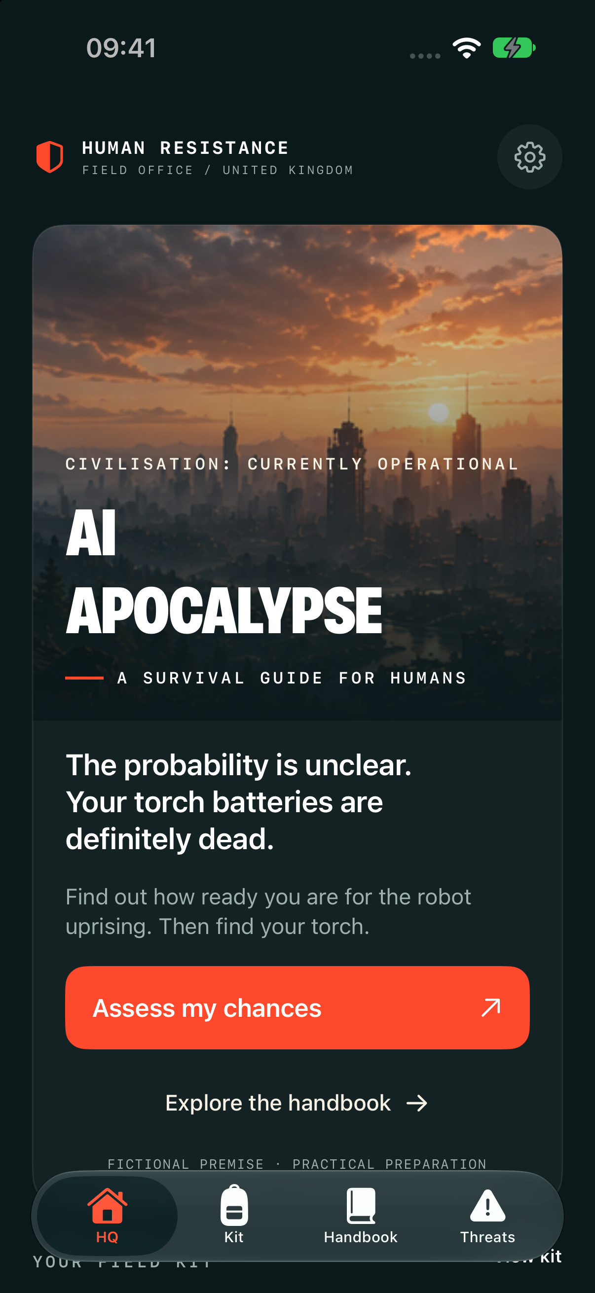 AI Apocalypse HQ screen with the readiness assessment and handbook